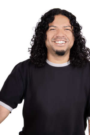 Multi-racial male with big white teeth smile and long curly hair on a white background の写真素材