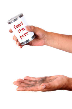 Homeless man with dirty hands holds a tin can asking for change の写真素材