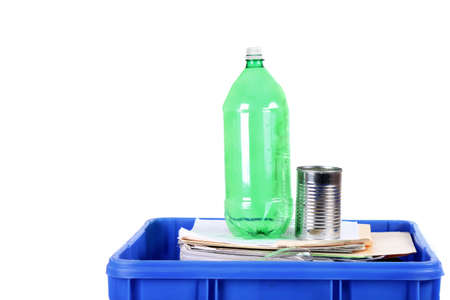 Blue Recycling bin with paper, can and plastic on a white backgroundの写真素材