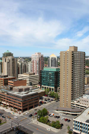 Overhead view of some highrise office and apartment buildings in Calgary, Alberta, Canadaの写真素材