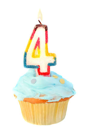 fourth birthday cupcake with blue frosting on a white backgroundの写真素材