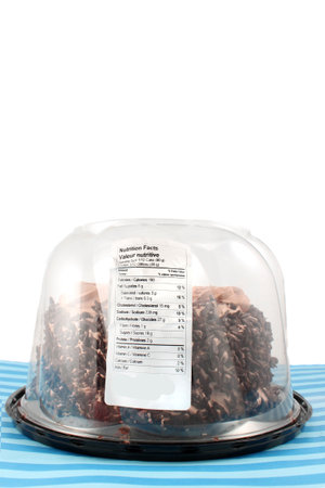 Black Forest Chocolate cake in package containing nutritive value labelの写真素材