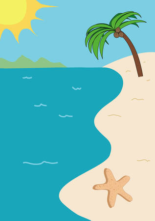 Tropical beach illustration with sun, sand, sky, starfish, a palm tree, and a golden sun with mountains in the backgroundのイラスト素材