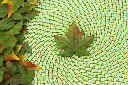 Green handmade woven wicker  background with green maple leaves turning gold in the first signs of...