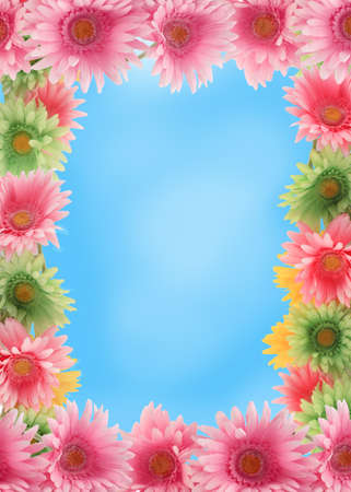 Pretty colorful gerber daisy border or  frame with spring colors on blue sky backgroundの写真素材