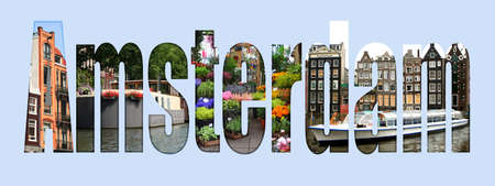 Amsterdam type with different tourist sites around the cityの写真素材