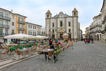 EVORA,PORTUGAL- APRIL18,2013: Giraldo Square or Praca do Giraldo, the most popular square with...