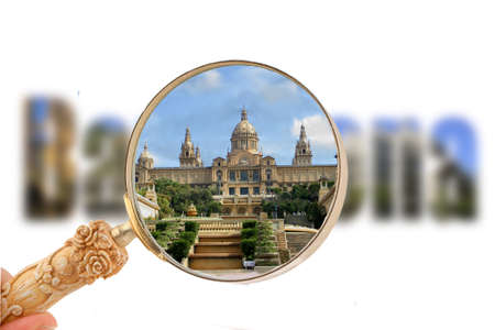 Focusing in on a Gallery in Barcelona, Spain, with a magnifying glass as if researchingのeditorial素材