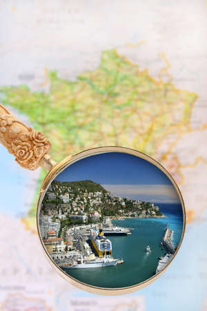 Looking in on Nice, France with blurred map in the backgroundの写真素材