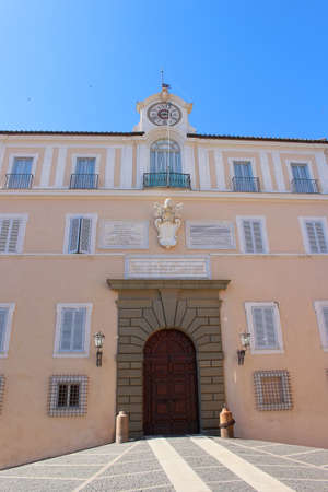 CASTEL GANDOLFO, ITALY - JUNE 25, 2015: The pope's summer residence palace where he addresses the public from the main balcony in Castel Gandolfo, Italy. Taken from town main square.のeditorial素材