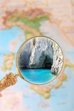 Magnifying glass looking in on  a grotto in Capri, Italy