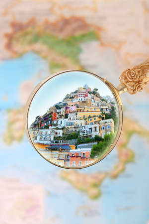 Magnifying glass looking in on Positano,Italyの写真素材