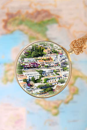 Magnifying glass looking in on Positano,Italyの写真素材