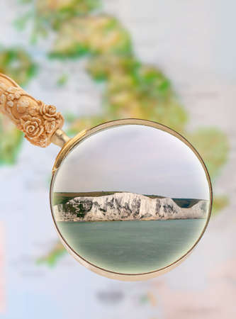 Magnifying glass looking in on  the white cliffs of Dover, Englandの写真素材