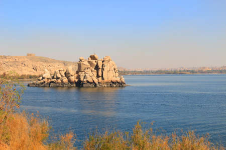 Rock formations along the Nile River in Aswan, Egyptの写真素材