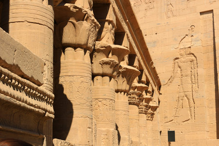 Beautiful Graeco -  Roman pillars with hieroglyphs on the walls of the Temple of Philae, dedicated...