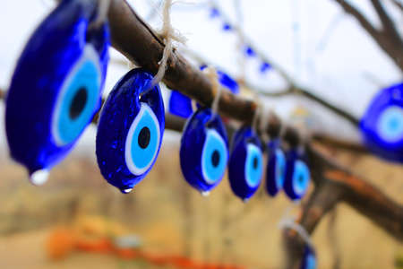 Glass blue Nazars, charms to ward off the evil eye hanging off the branches of a tree in the rain in Turkey  (shallow depth of field)の写真素材