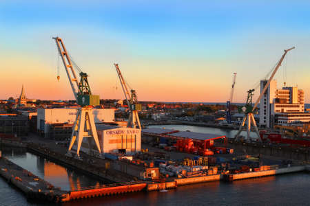 Frederikshavn - Denmark, October 4, 2016: Port of Frederikshavn, Denmark Scandinavia in early morning golden lightのeditorial素材
