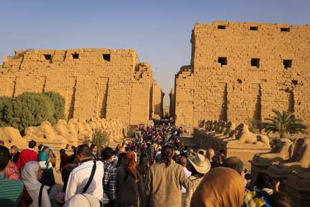 Karnak, Luxor, Egypt - February 5, 2016: Crowded entrace in the Avenue of the Sphinxes from  Ancient Egypt at Karnak Temple, Luxorのeditorial素材