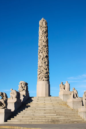 Oslo Norway - October 5, 2016: Vigeland Sculpture Park with tall pillar made out of people  in Oslo, Norway, Scandinaviaのeditorial素材