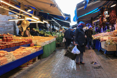 Bursa, Turkey - February 23, 2016: Fresh vegetables , nuts and fruits stands in the open market in Bursa Turkeyのeditorial素材
