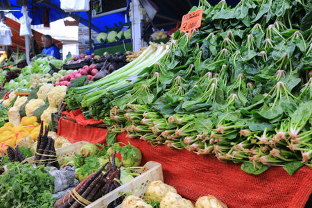 Bursa, Turkey - February 23, 2016: Fresh vegetables and fruits stands in the open market in Bursa...