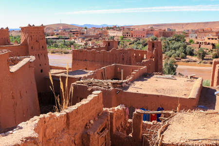 Overlooking the Rooftops along the Beautiful and colorful ochre village of Ait Benhaddou a ksar  in Moroccoの写真素材
