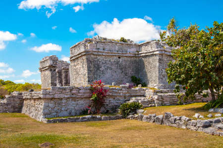 Ruined historic Architecture in the pre Columbian walled city of Tulum, in the Yucutan Peninsula  in the state of Quintana Roo, Mexicoの写真素材