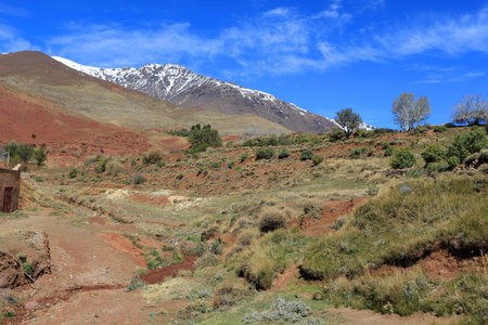 Middle Atlas Mountains in Morocco, Africa, showing contrasts in terrain, with snowの写真素材