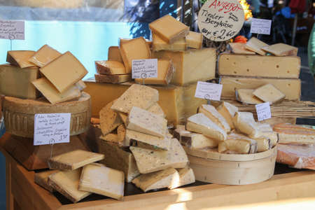 Munich, Germany - 10/15/2016: Cheese display in cheese shop at Victuals Market in Munich Germans also known as Viktualienmarkt in Germanのeditorial素材