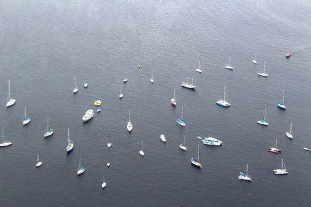Bird eye view of sailboats and yachts anchored on the bay in Rio de Janeiro, Brazil, South America