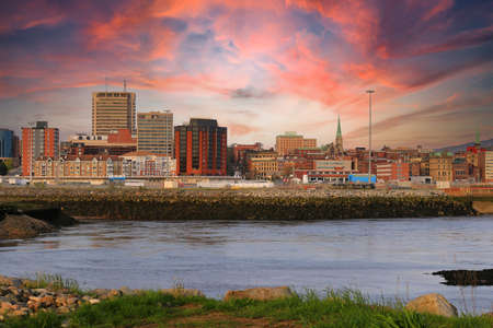 View of Saint John, New Brunswick, in the evening on the Bay of Fundy in the Maritime Provinces of Canada with beautiful colorful sunsetのeditorial素材