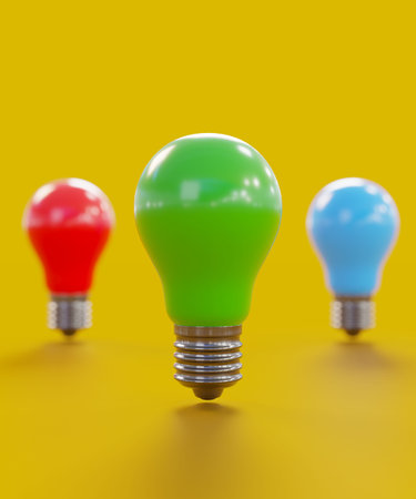 Green, red and blue light bulbs on yellow background. 3d rendering