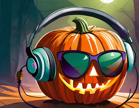 Halloween pumpkin with headphones and sunglasses. Vector illustration for your designの素材