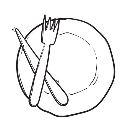 Drawing of plate, knife and fork hand drawn doodle styleのイラスト素材