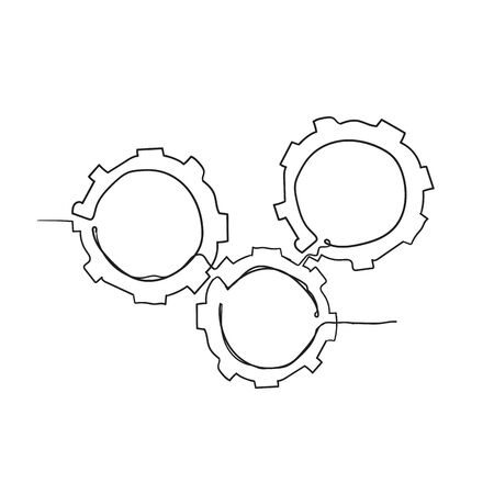 Gears are drawn by a single line on a white background with doodle handdrawn style vectorのイラスト素材