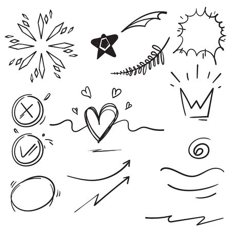 doodle set elements black on white background. Arrow, heart, love, star, leaf, sun, light, flower, daisy, crown, king, queen,Swishes, swoops, emphasis ,swirl, heart.line art styleのイラスト素材