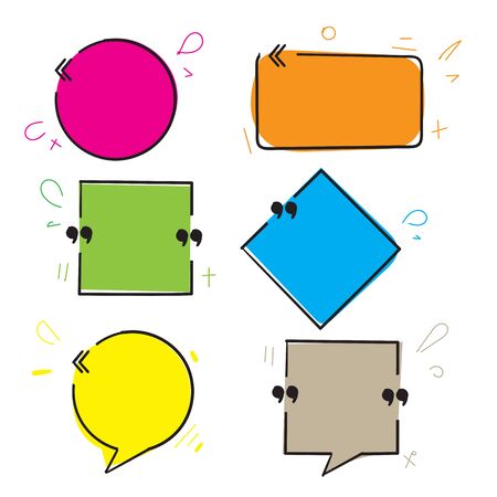Quote box frame. Mention text frames, remark speech bubble and sentences quotes words boxes. Texting quote speech citation commas box web reference vector with hand drawn line art styleのイラスト素材