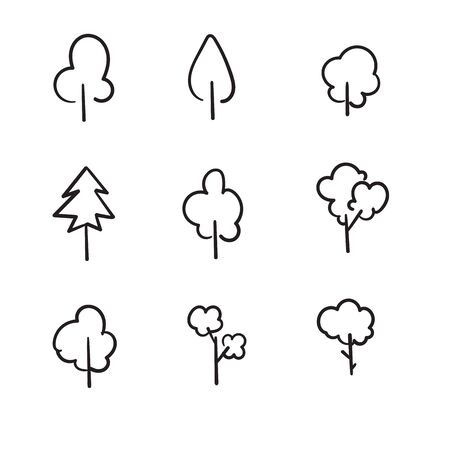 Trees collection. Icons of plants, forest. Trees illustrations. with hand drawn doodle style vector isolatedのイラスト素材