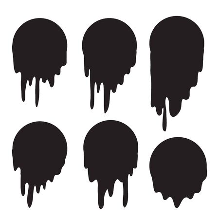 Black melt drips or liquid paint drops. Vector graffiti splatter splash or chocolate syrup and oil leak borders with hand made style vectorのイラスト素材