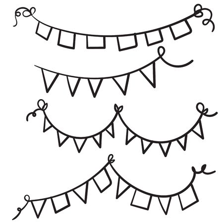 line drawing. Buntings garland. Party flags.hand drawn doodle cartoon styleのイラスト素材