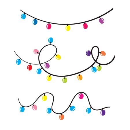 Doodle Christmas lights. Holiday festive xmas decoration. Colorful string fairy light set. Lightbulb glowing garland. Rainbow color. hand drawn design. White background. Isolated Vectorのイラスト素材