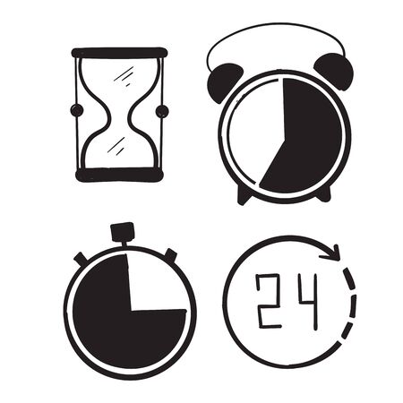 hand drawn Time and Clock set. Time management. Timer, Speed, Alarm, Restore, Time Management, symbol doodleのイラスト素材