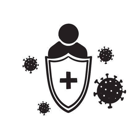 doodle Virus germs and bacteria protection. Healthy immune system, person protected from viruses and bacterias by immunity shield vector illustration. Person resistant and prevention disease cartoonのイラスト素材