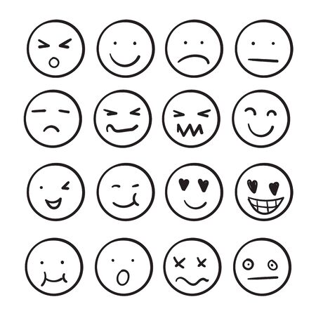 Hand drawn ink emojis faces. Doodle emoticons sketch, ink brush icons of happy sad face. cartoon artのイラスト素材