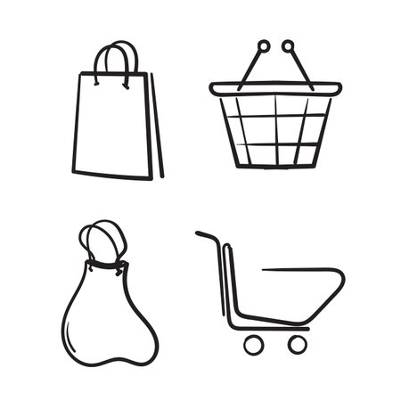 Set of hand drawn shopping cart icons. Collection of web icons for online store, from various cart icons in various shapes. doodleのイラスト素材