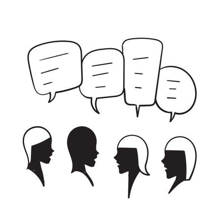 hand drawn group people discuss social network, news, social networks, chat, dialogue speech bubbles. doodle styleのイラスト素材