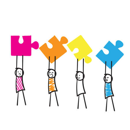 hand drawn stick man Holding the big jigsaw puzzle piece symbol for Teamwork successful together concept. Marketing content. cartoonのイラスト素材