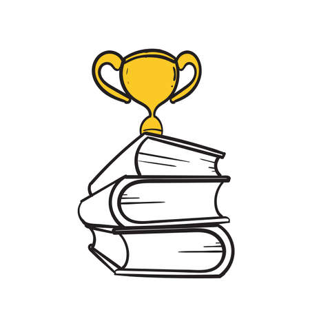 hand drawn doodle book and trophy illustration symbol for Success education concept. winner,reward,competition,knowledge, skills. cartoon styleのイラスト素材