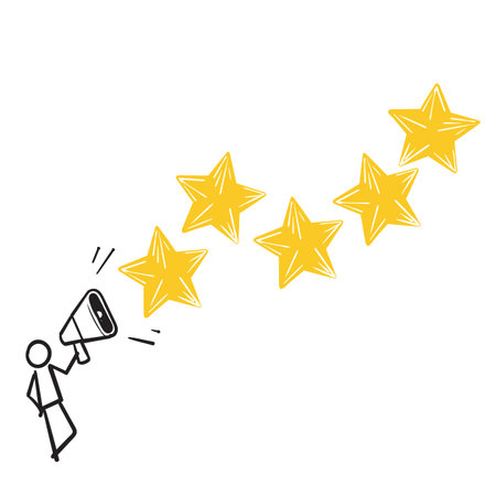 hand drawn User experience feedback icon , stick figure with stars symbol for Clients evaluating...